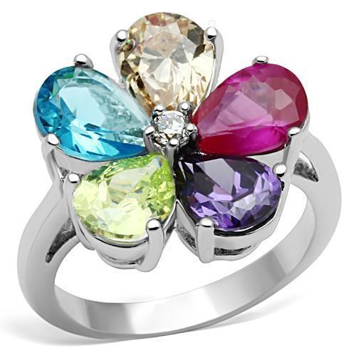 JCE045 Rhodium Brass Ring with AAA Grade CZ  in Multi Color