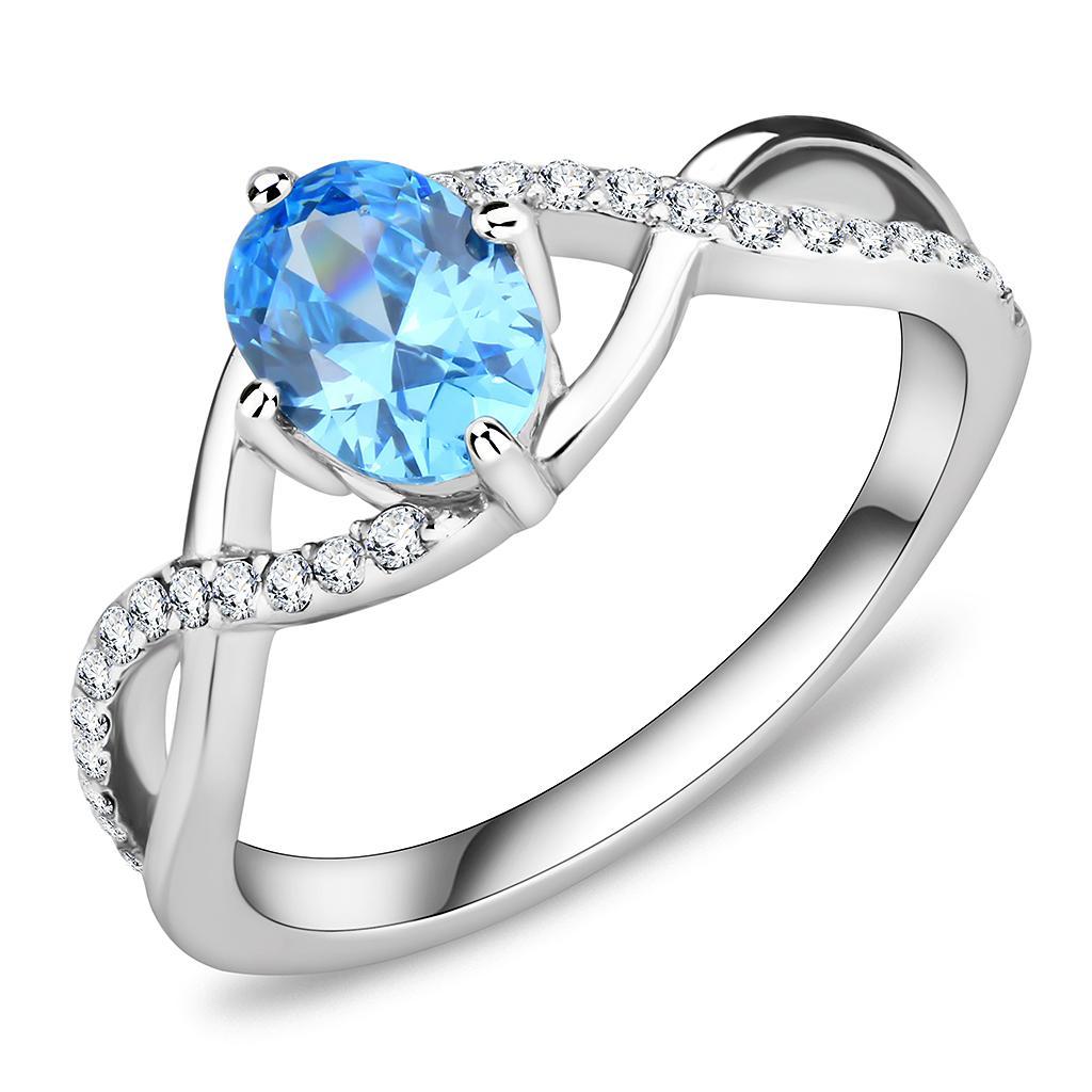 JCE117 High polished (no plating) Stainless Steel Ring with AAA Grade CZ  in Sea Blue