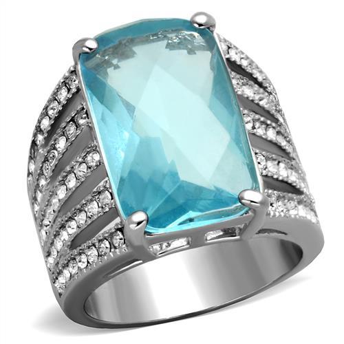 JCE1826 High polished (no plating) Stainless Steel Ring with Synthetic Synthetic Glass in Sea Blue